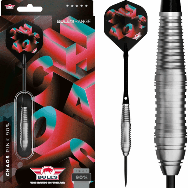 Bull's Chaos Pink 90% 24g darts nyíl – rózsaszín, bomb alakú, 90% volfrám testű darts, gyűrűs és cápafogas markolattal a pontos, stabil dobásokhoz.