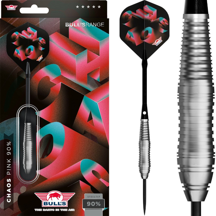 Bull's Chaos Pink 90% 24g darts nyíl – rózsaszín, bomb alakú, 90% volfrám testű darts, gyűrűs és cápafogas markolattal a pontos, stabil dobásokhoz.