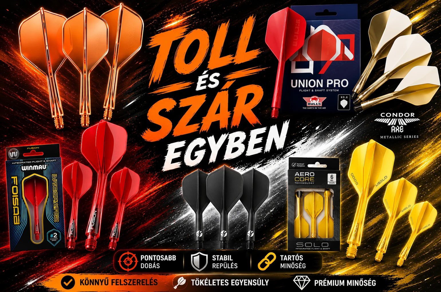 darts toll és sár egyben. condor - harrows solo - goat a1r - winmau fusion - bull's